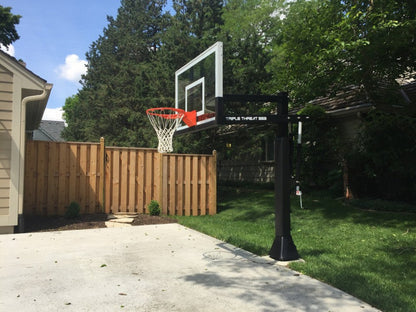 Ironclad 54" Triple Threat Adjustable Height  Basketball Hoop TPT553-MD  The Ironclad Triple Threat TPT553-MD basketball system is the best combination of durability and affordability of any of the Ironclad adjustable goals. This unit fits any driveway or downsized backyard court perfectly. It's 54" wide backboard is wide enough to accommodate any angle bank shot. The heavy duty H-Frame backboard support eliminates risk of backboard breakage from hanging on the rim.