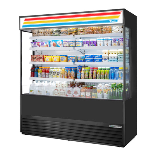 True TOAM-72GS-HC-TSL01 72"Vertical Open Air Cooler with (5) Levels, Glass Sides and Sign Panel, Black, 208-230v/1ph - TOAM-72GS-HC-TSL01