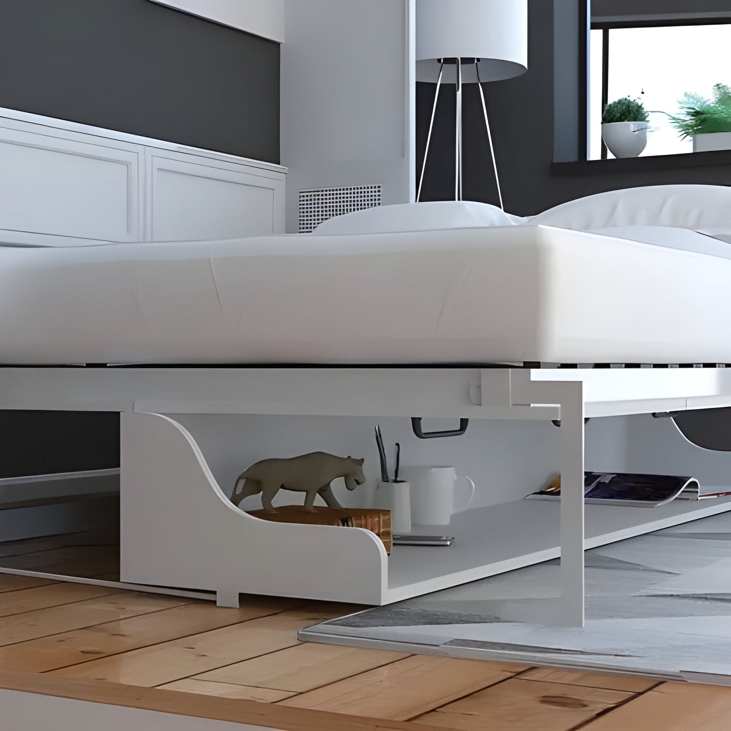 Horizontal Murphy Bed with Desk, Queen Size, White Adonis Series by Leto Muro