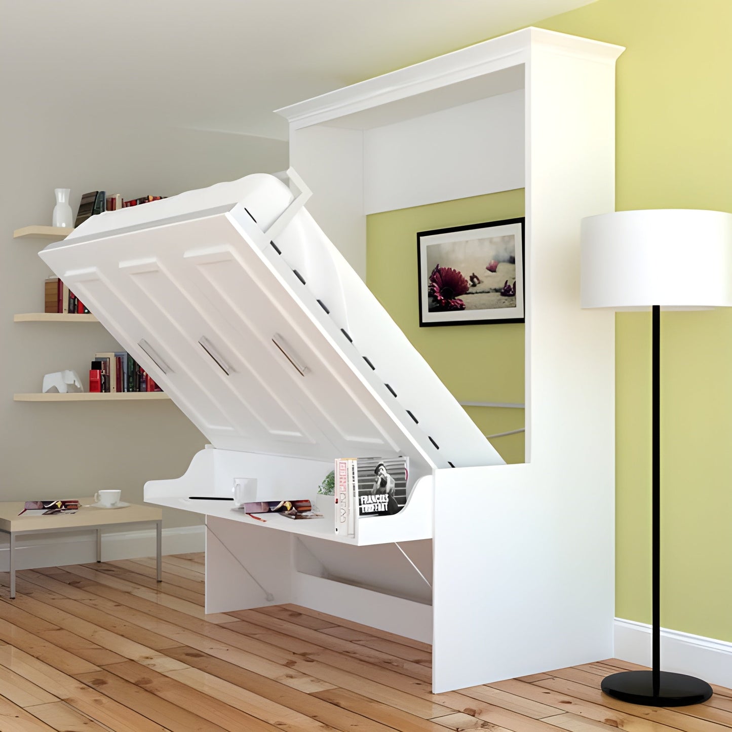 Horizontal Murphy Bed with Desk, Queen Size, White Adonis Series by Leto Muro