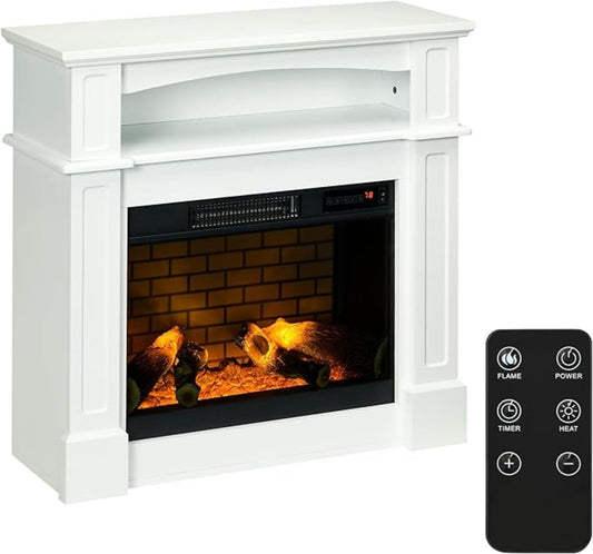 HomCom 32" Electric Fireplace with Mantel, Freestanding Heater with LED Log Flame - B09GVD4MV4