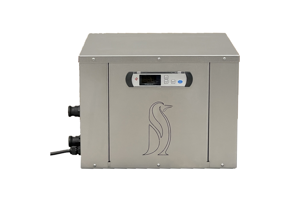 Penguin Chillers Plug & Play Cold Therapy Chiller & Insulated Tub. Revolutionary Cryospring Ice Bath Chiller - Ideal for cooling and heating up to 150-gallon plunges. 1hp rotary compressor, 37°F to 107°F adjustability, self-priming pump, two-stage filtration, automated ozone sanitation, splash-proof touch screen, Wi-Fi, indoor/outdoor use, 110v outlet with GFCI. 30-day money-back guarantee, 1yr warranty, lifetime support.